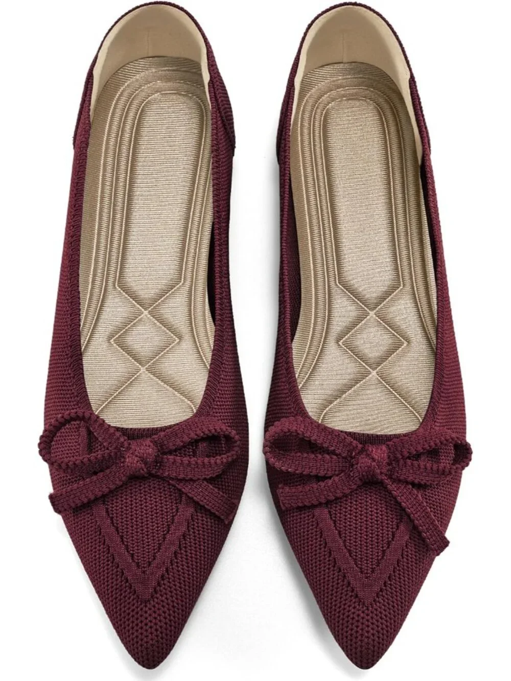 Women Wine Red Ballet Flats Shoes Dressy Pointed Toe Bow Knit Flats Comfortable
